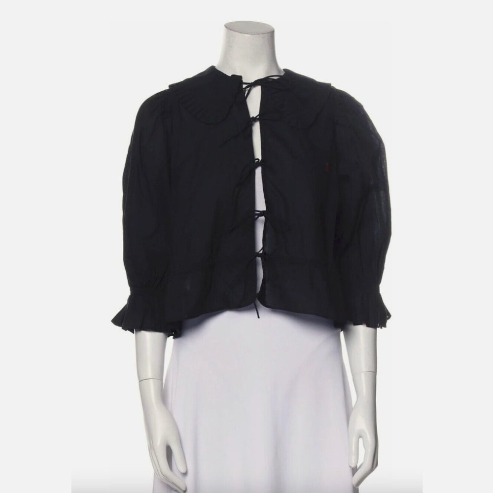 Laurence Bras Black Cotton Puff Sleeve Top with Front Tie Closure Size XXS